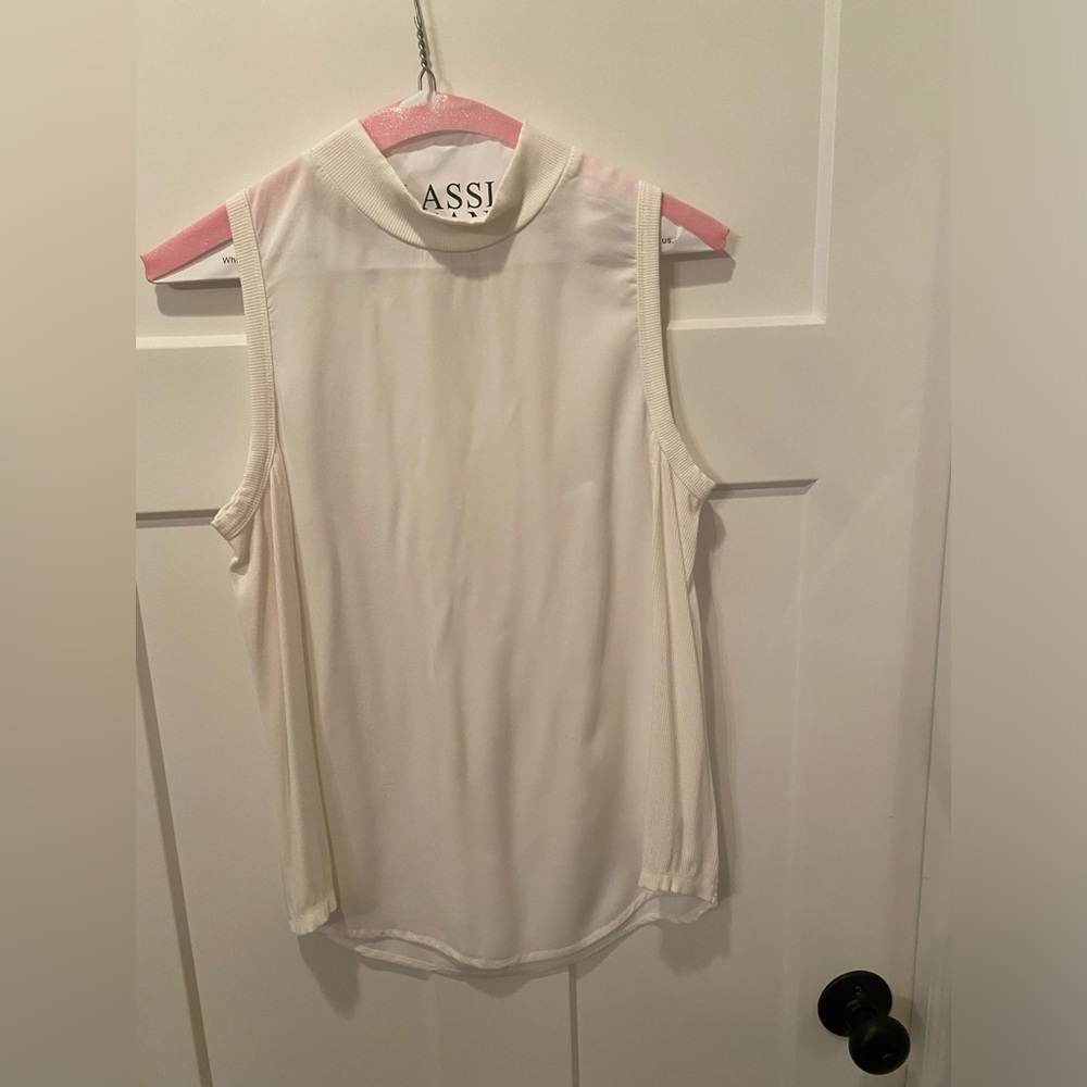Allison Joy, white sleeveless blouse, mock neck